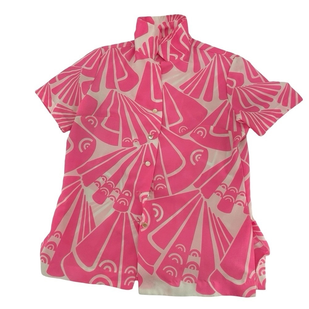 Unbranded Women's Shirt Button Up Pink Geometric Vintage 1970s